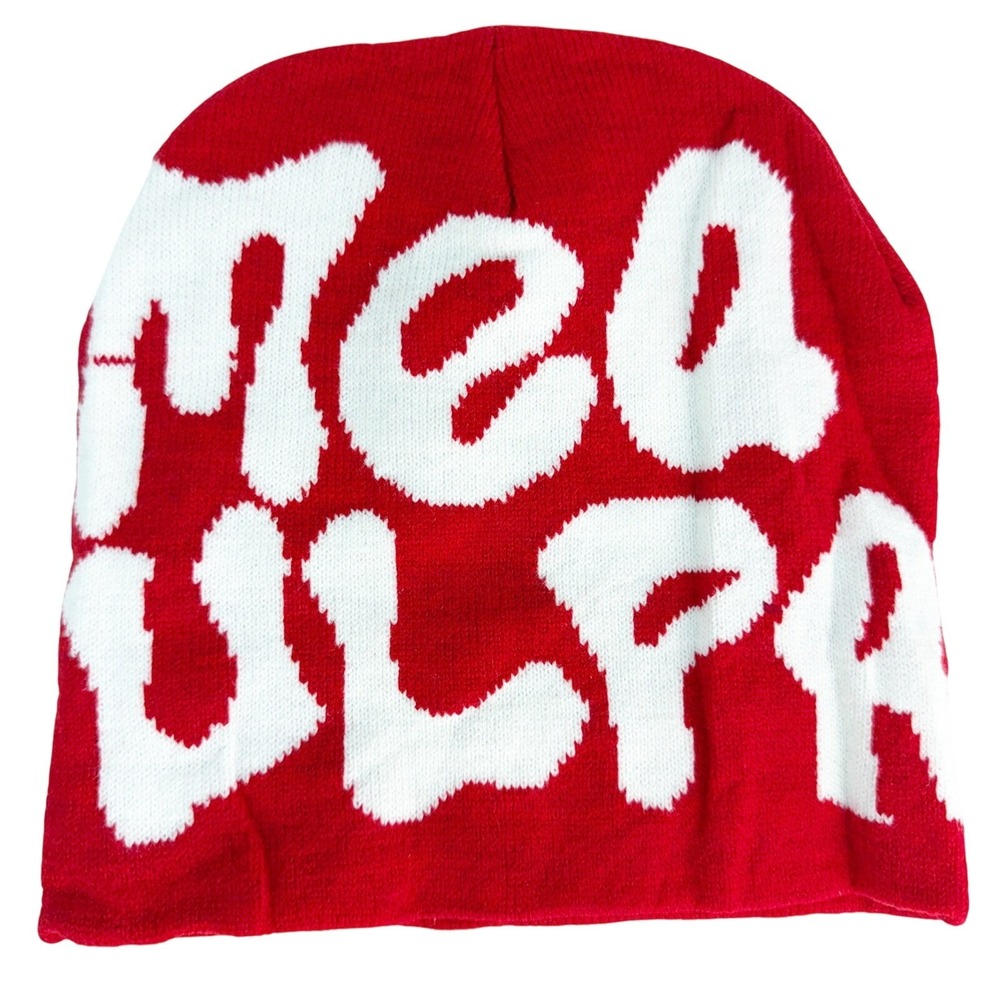 Mea Culpa Beanie Red White Graphic Logo Knit Streetwear Hat One Size